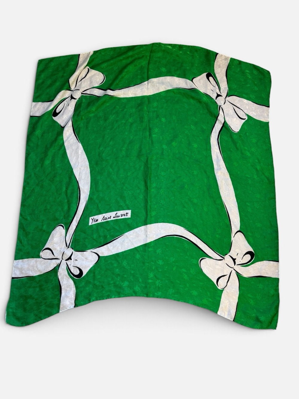 🎀💚VTG 70s Yves Saint Laurent Green White Ribbon Border 100% Silk Square Scarf